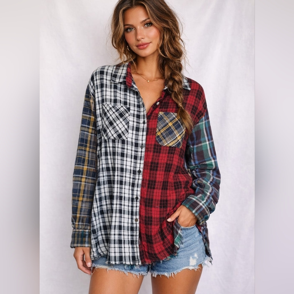 Nwt Live 4 Truth Iconic Plaid Patchwork Shirt Mixed Prints Raw Hem Tartan